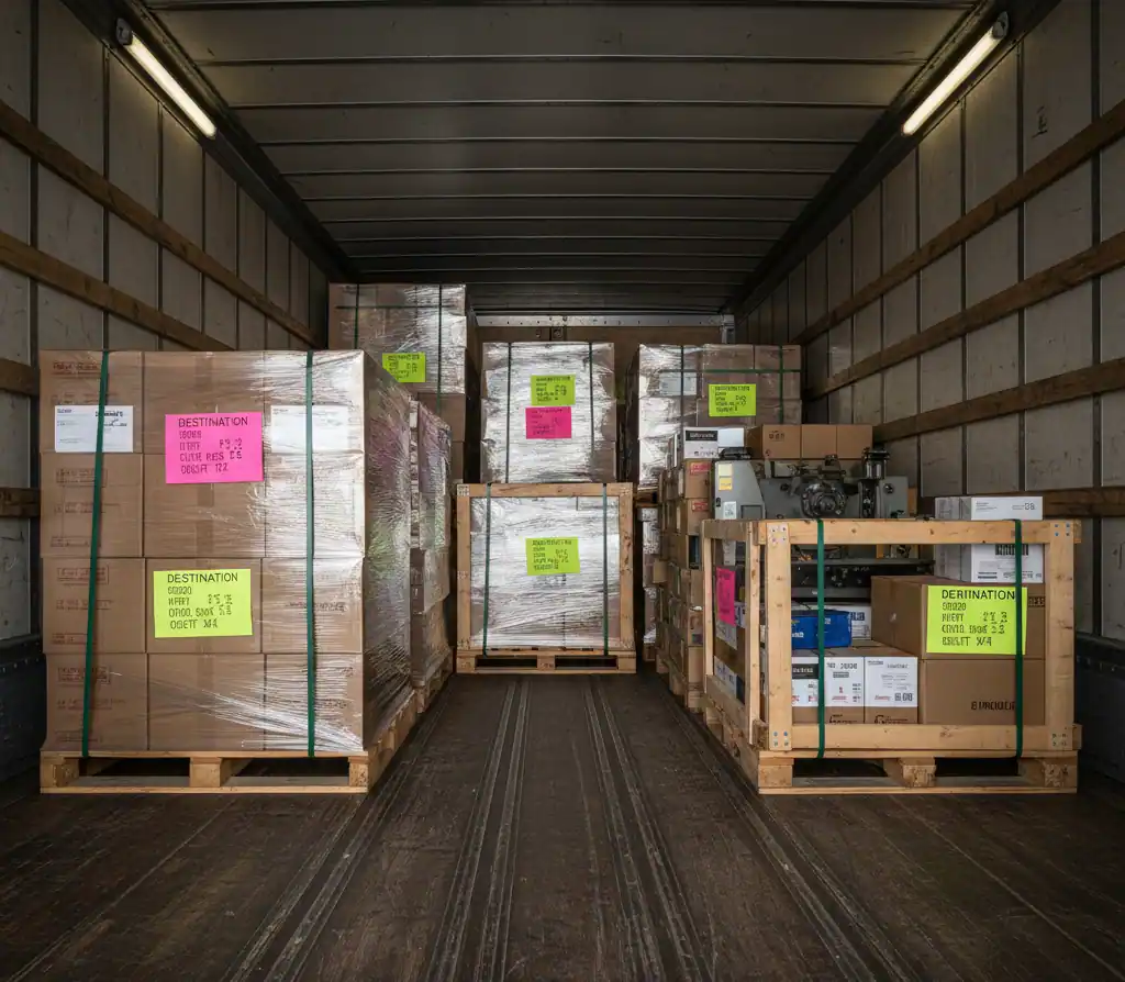 Загруженные в грузовой автомобиль паллеты