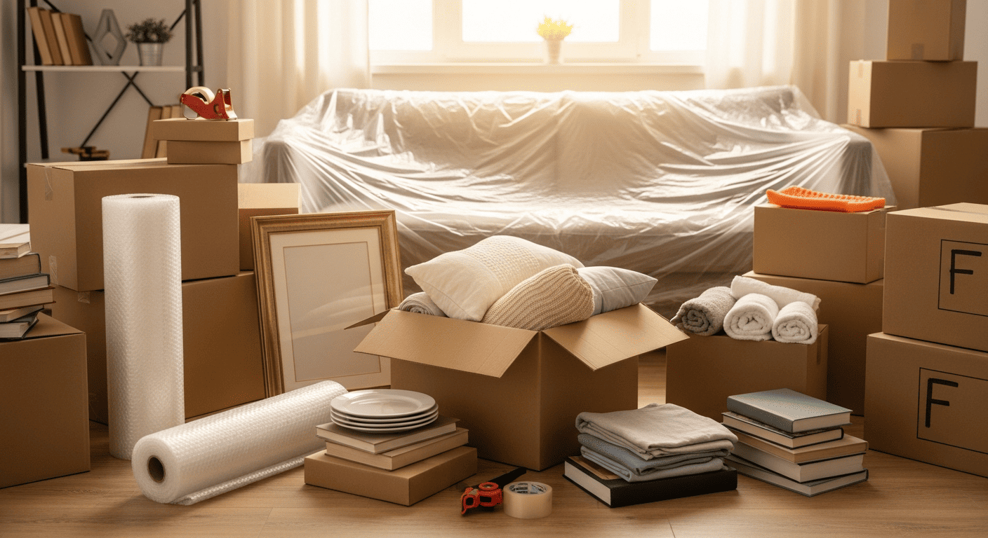 На полу комнаты стопки картонных коробок с вещами